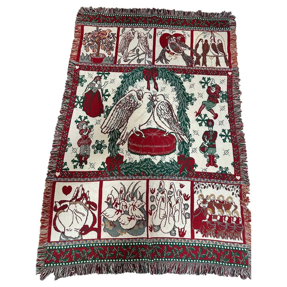 Vintage Holiday Tapestry 12 Twelve Days of Christmas Woven Throw Blanket 69.5x48